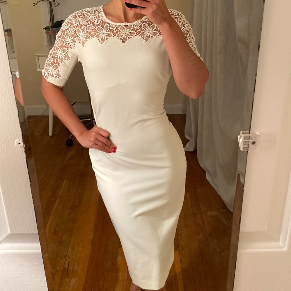 Zara Woman White Body Con Lace Midi Cocktail Dress